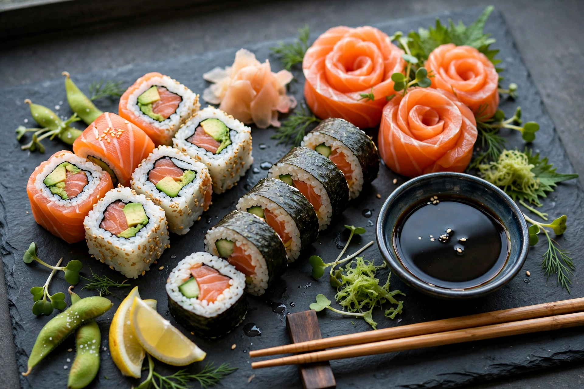 Fishaways sushi platter with California rolls and salmon roses