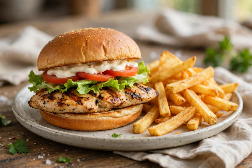 Galito's flame-grilled chicken burger with chips