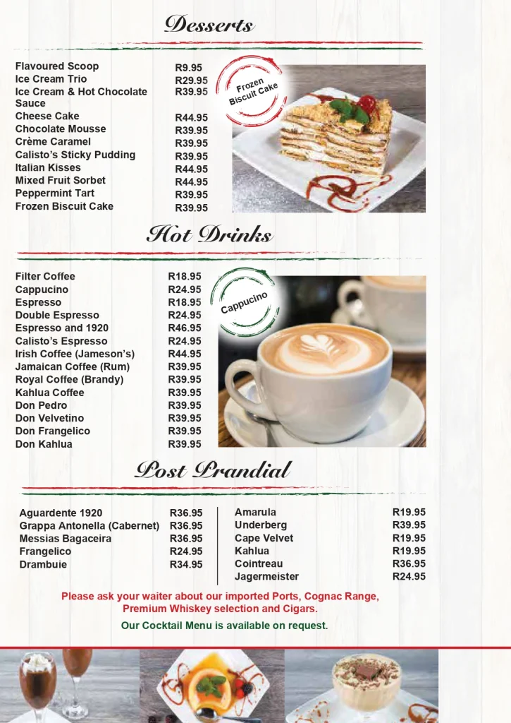 Calisto’s Desserts Menu Prices