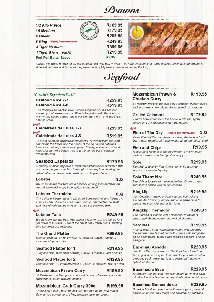 Calisto’s Prawns Seafood Menu Prices