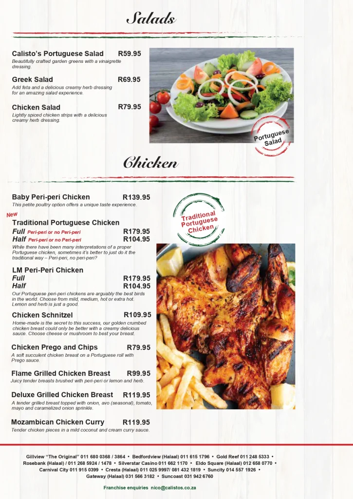 Calisto’s Salads and Chickens Menu Prices