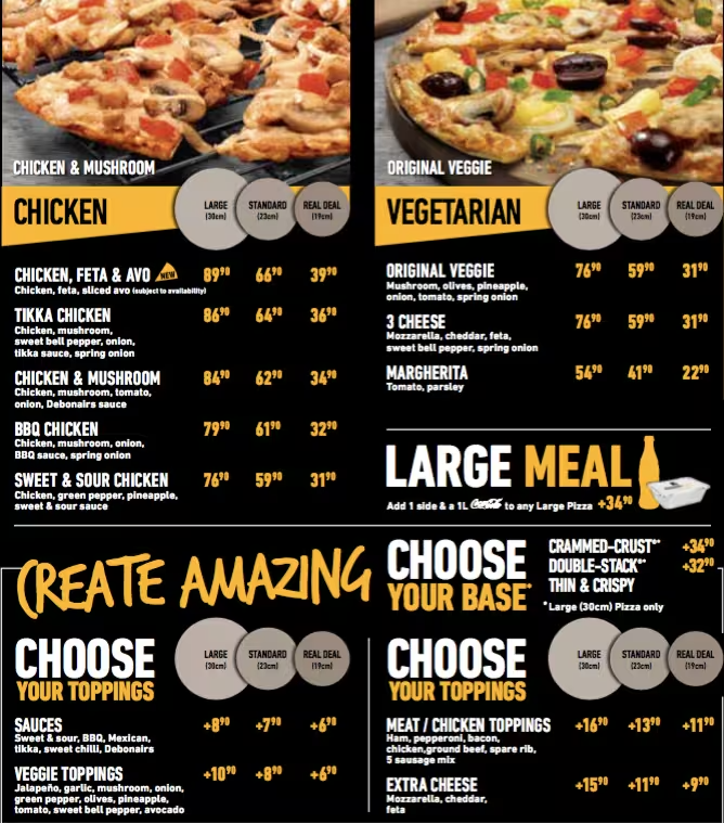 Debonairs Vegetarian Pizzas & Snackie Pizzas Menu Prices