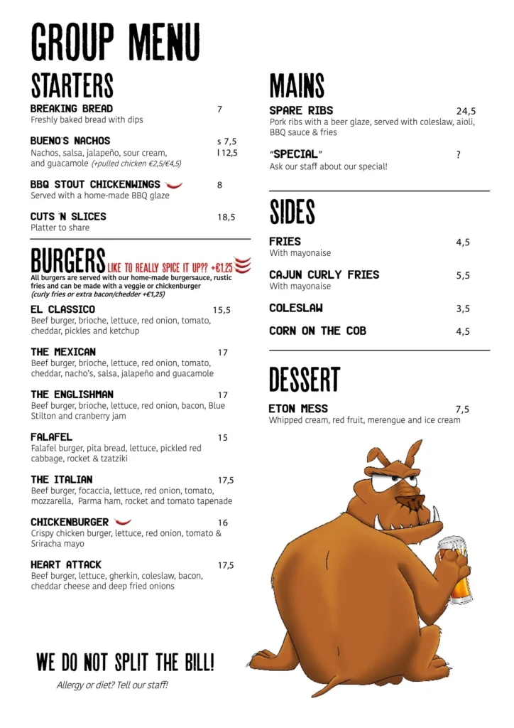 Dogs Bollocks mains Menu Prices