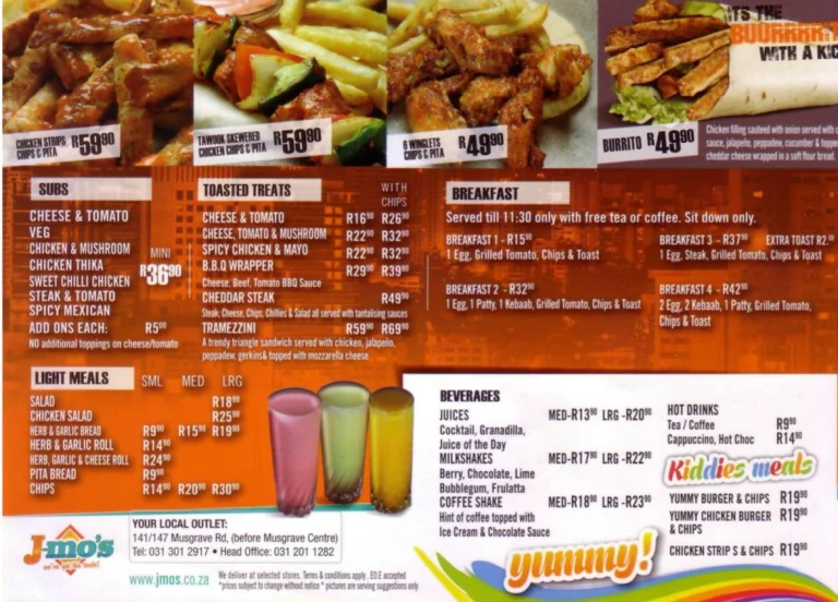 Jmos Westwood Menu With Updated Prices in South Africa 2024