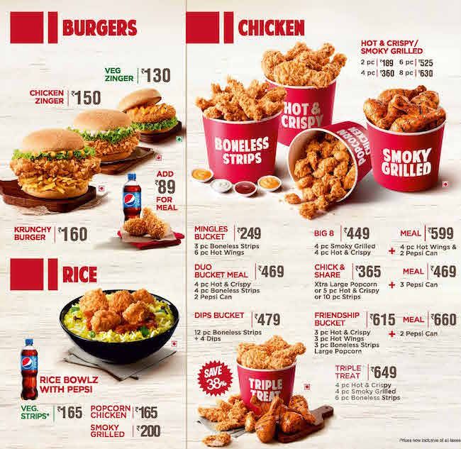 KFC Menu Bucket Prices