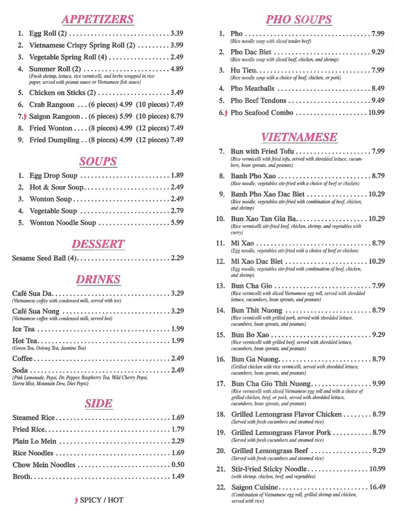 Saigon Rivonia Poultry Menu Prices