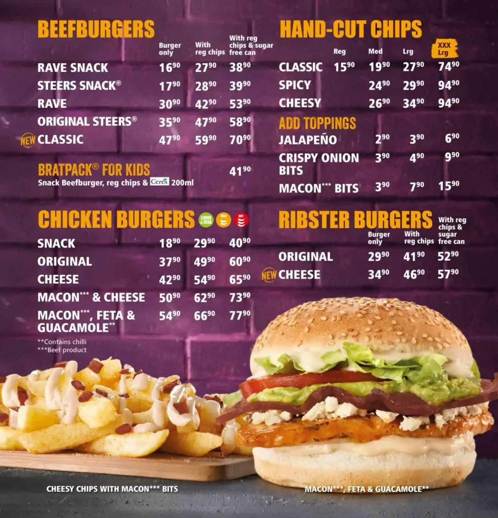 Steers Breakfast  Chicken Burgers & Rib Burgers Menu Prices