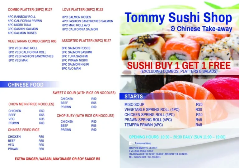 Tommys Sushi Menu With Updated Prices in South Africa 2024