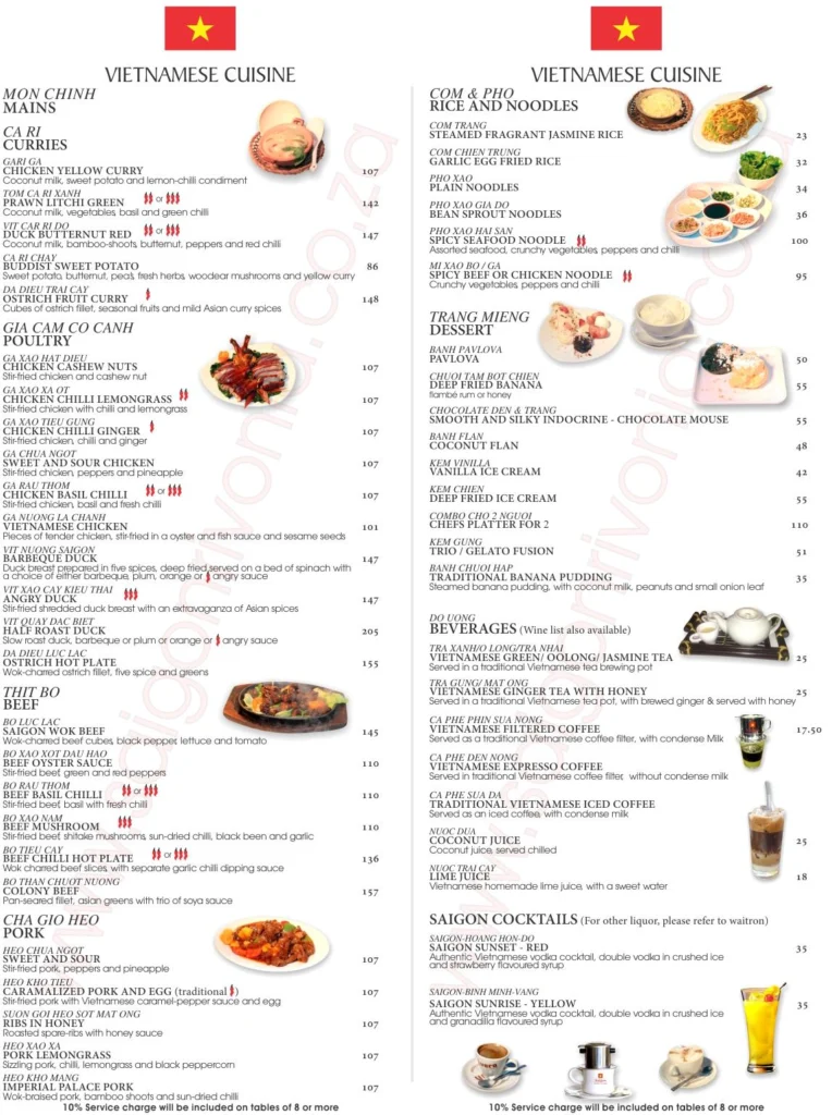 Updated Menu Items And Prices Of Saigon Rivonia South Africa