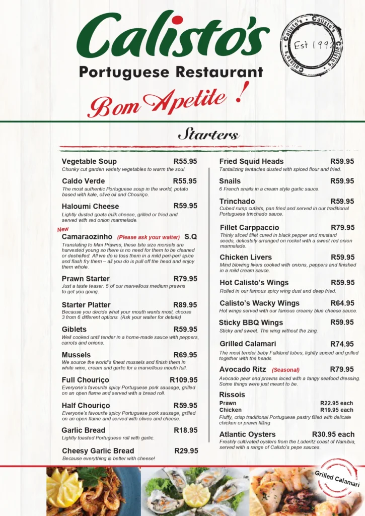 Updated Menu Items And Prices Of  South Africa