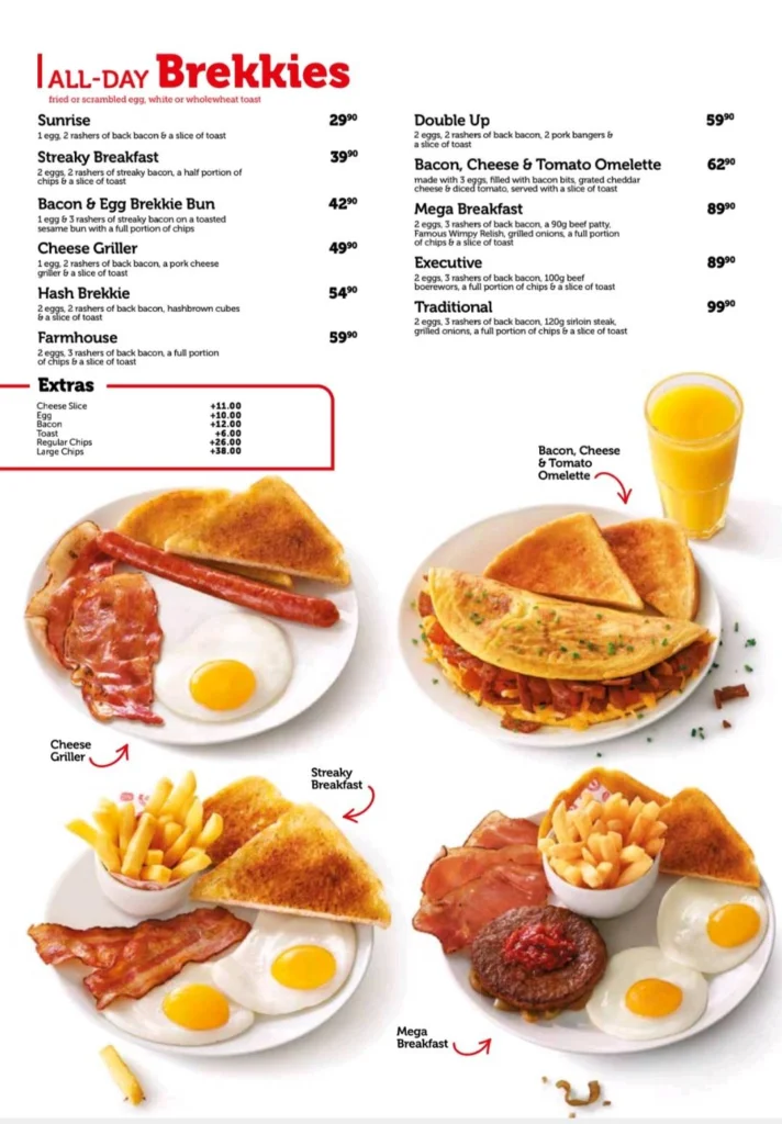 Wimpy Breakfast  Toasties Menu prices