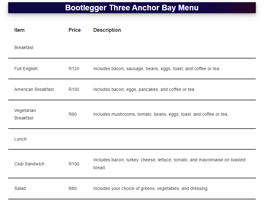 Bootleggers Three Anchor Bay Menu Prices