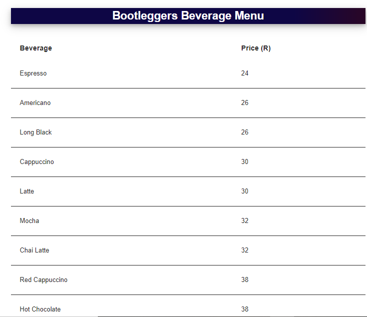 Bootleggers Beverage Menu Prices