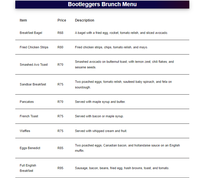 Bootleggers Brunch Menu Prices