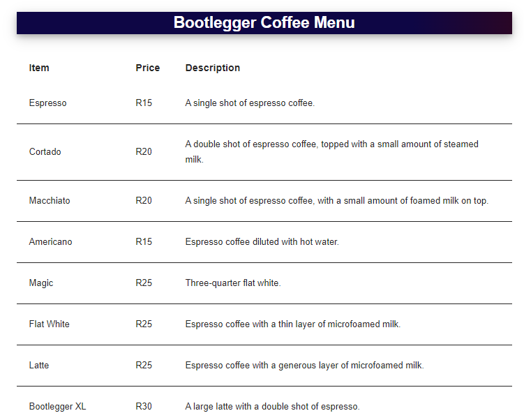 Bootleggers Coffee Menu Prices