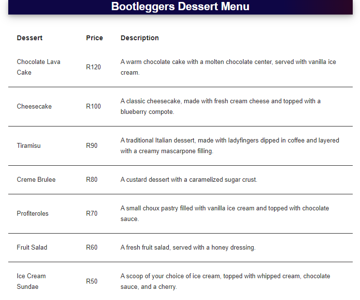 Bootleggers Dessert Menu Prices