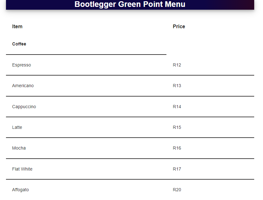 Bootleggers Green Point Menu Prices