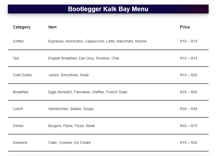 Bootleggers Kalk Bay Menu Prices