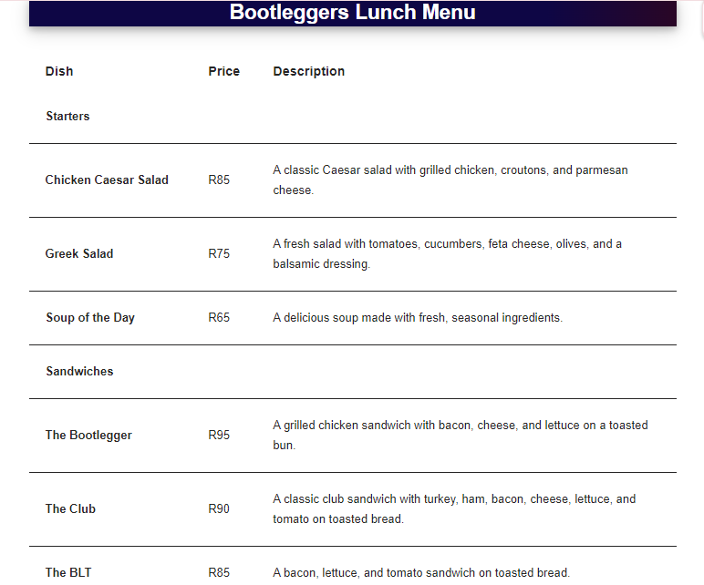 Bootleggers Lunch Menu Prices