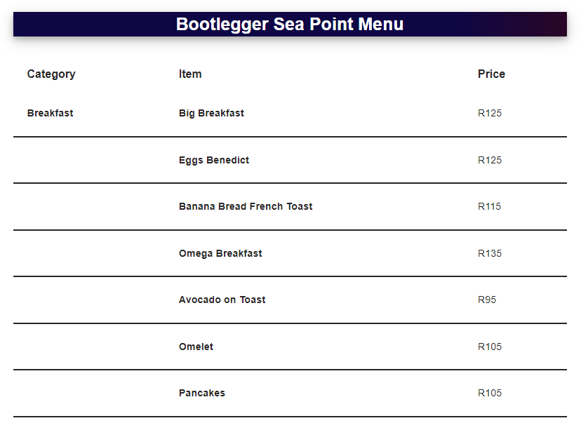 Bootleggers Sea Point Menu Prices