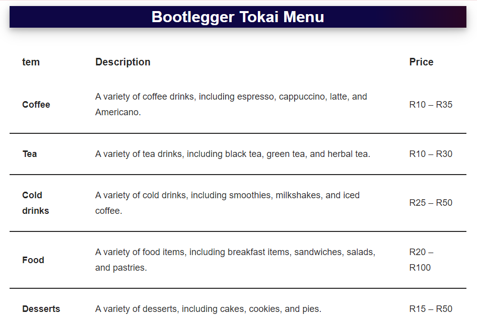 Bootleggers Tokai Menu Prices