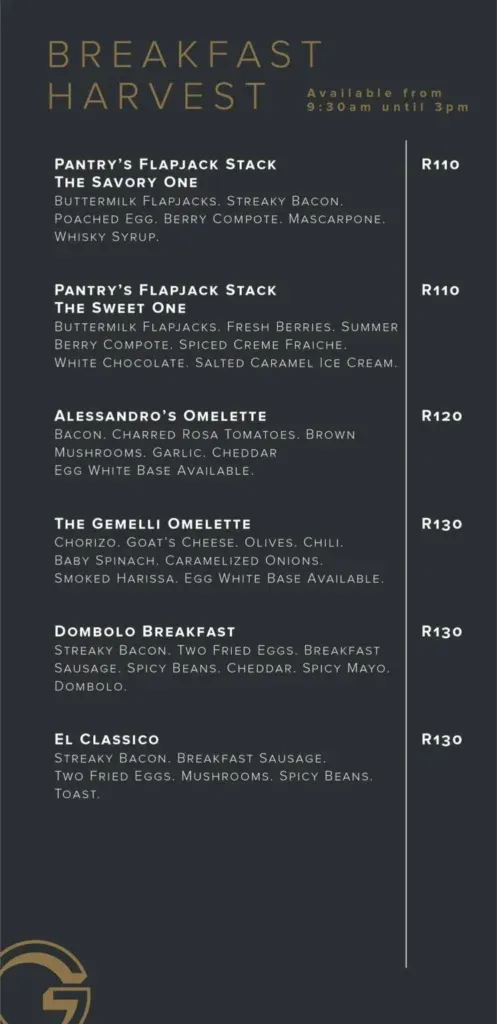 Gemelli Menu With Updated Prices in South Africa