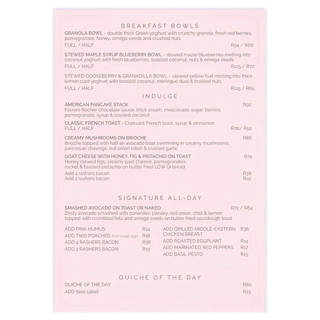 Goddess Cafe BreakFast Menu Prices