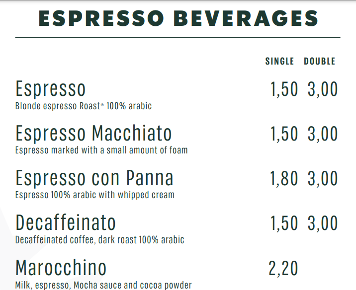 Starbucks Hot Espresso Beverages Menu Prices