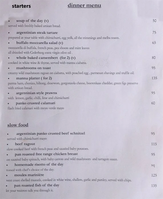 Manna Epicure Slow food Menu Prices