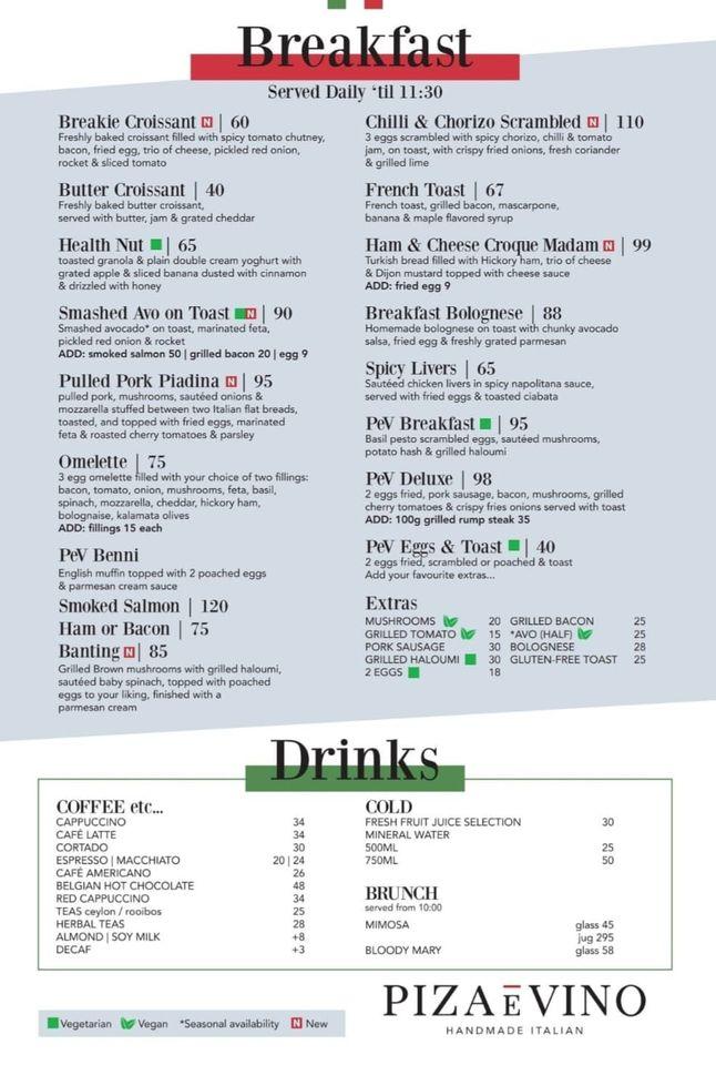 Piza e Vino Menu With Updated Prices