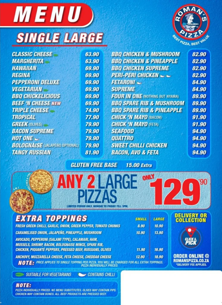 Romans Pizza  Specials Menu Prices