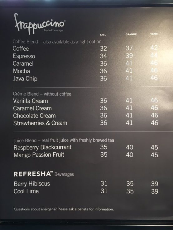 Starbucks Frappuccino Blended Creme Menu Prices