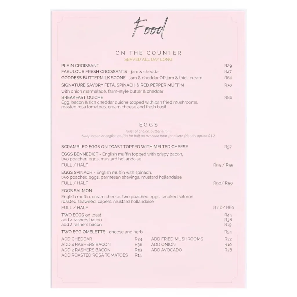 Updated Menu Items And Prices Of Goddess Cafe South Africa