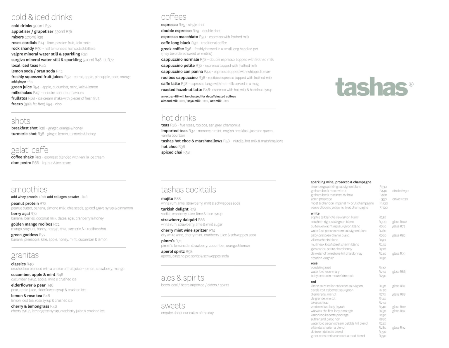 Updated Menu Items And Prices Of Tashas South Africa