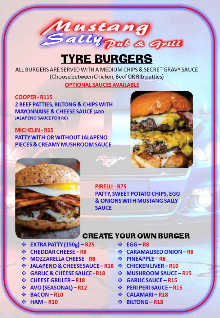 Mustang Sally’s Menu With Updated Prices in South Africa 2025