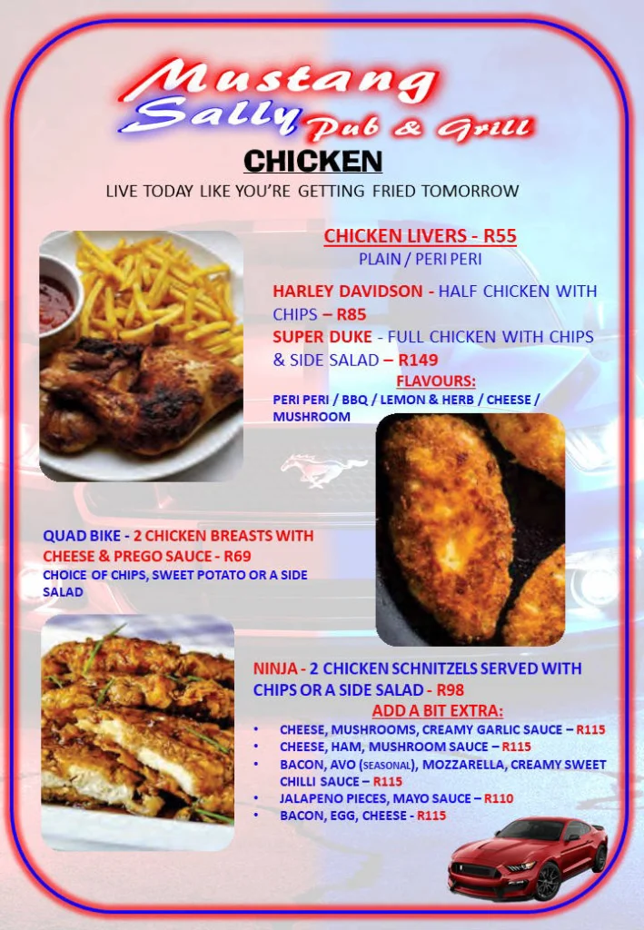 Mustang Sally’s Menu With Updated Prices in South Africa 2025