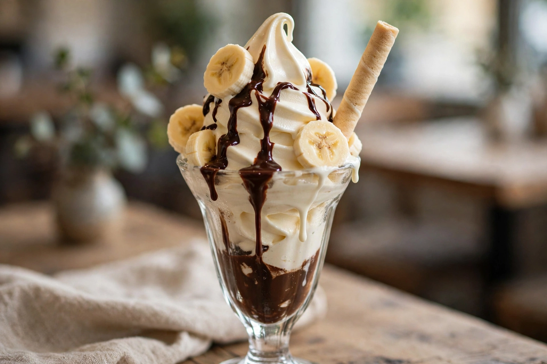 Milky Lane ice cream sundae with chocolate sauce and banana